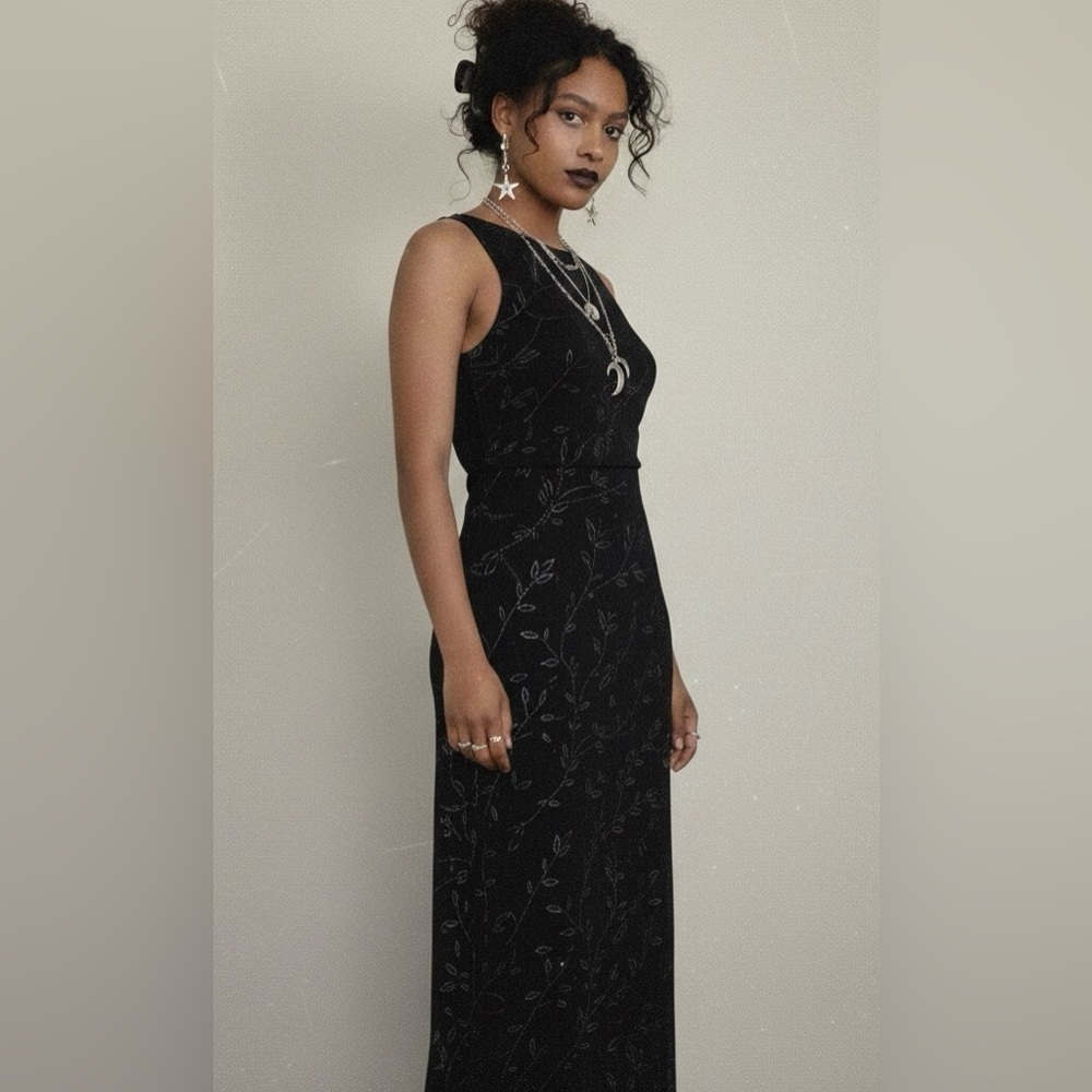 90s Y2K Glitter Dark Floral Maxi Dress (Junior XL, Womens M)